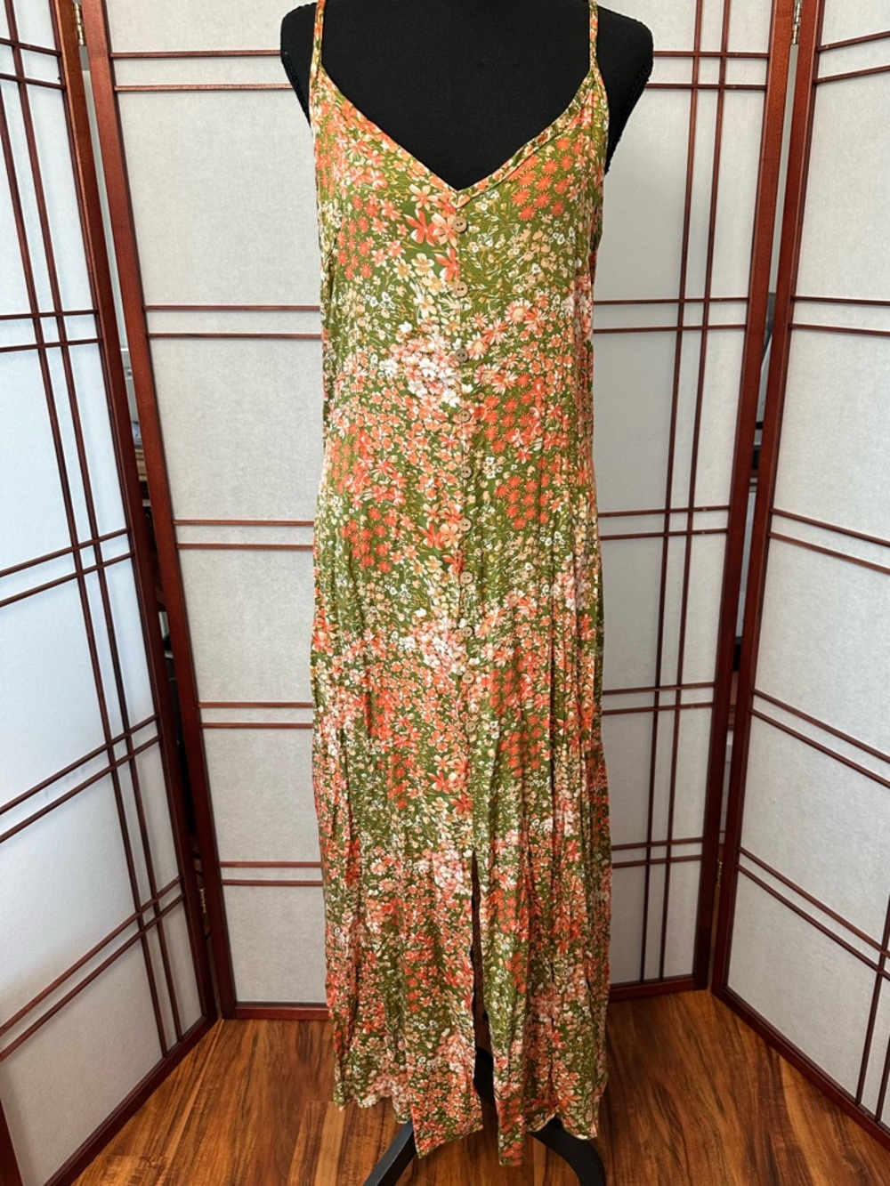 Floral Slip Maxi Dress in Olive and Coral - Sleeveless V-Neck